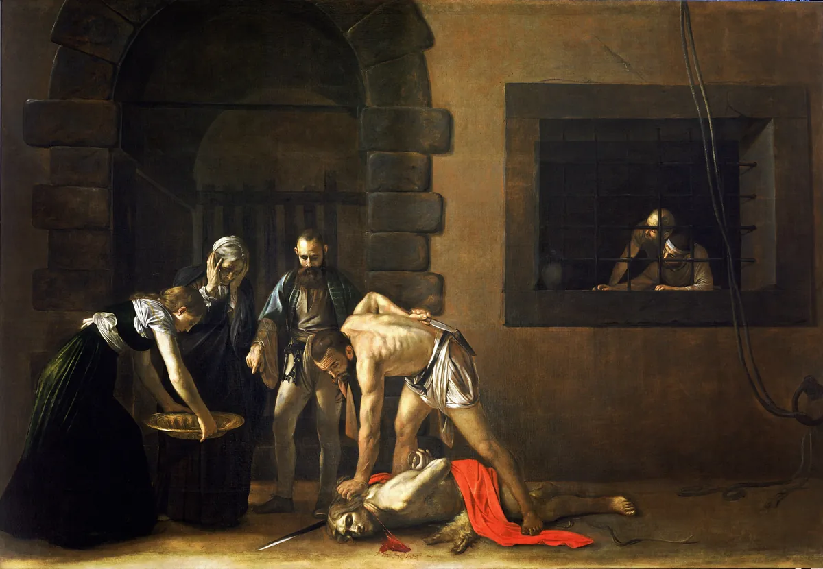 Caravaggio's painting of the beheading of Saint John the Baptist: a dim prison courtyard, an executioner bending over the fallen saint, a woman holding a golden dish, and two prisoners watching from a barred window